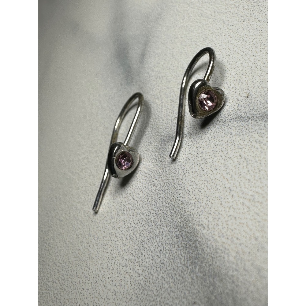 Sterling Silver 925 Pink Crystal Heart Drop Hook Earrings Minimalist Romantic